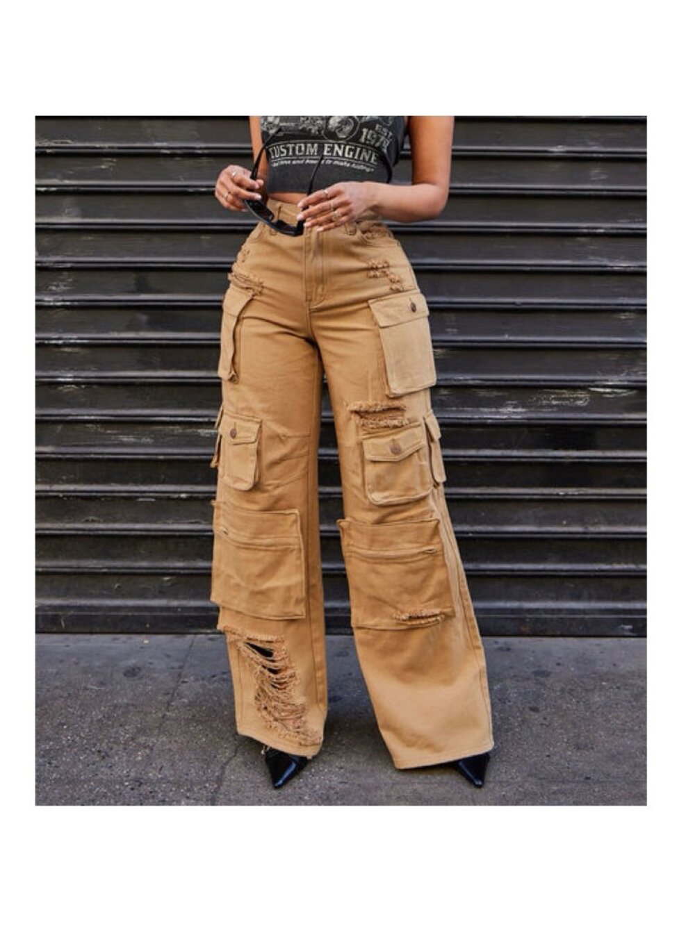 fashion nova Lily High Rise Distressed Cargo Jeans Khaki Size 14 NWT